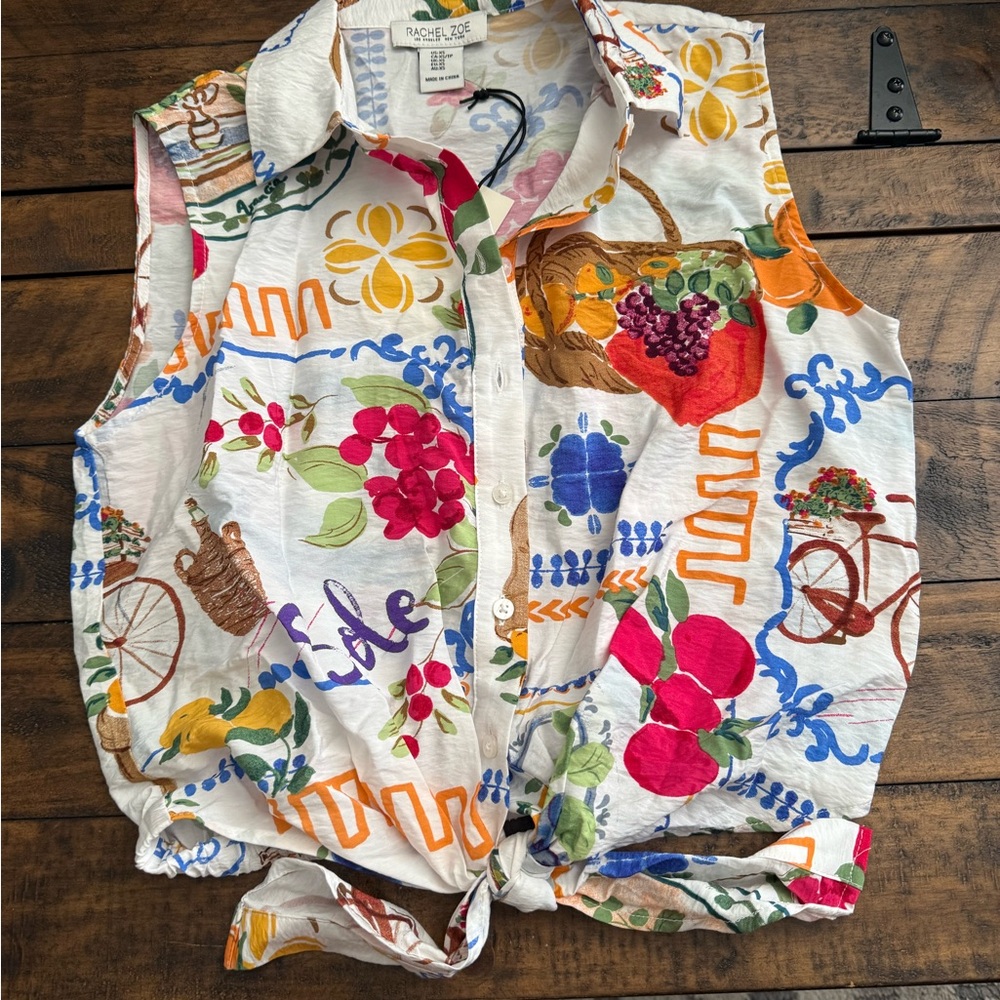 NWT Sz XS Rachel Zoe Multicolor Tie Front Sleeveless Blouse Summer Vacation